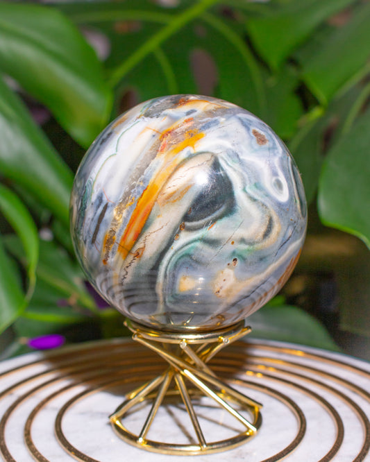 Swirly Blue Steel Planet Ocean Jasper Sphere