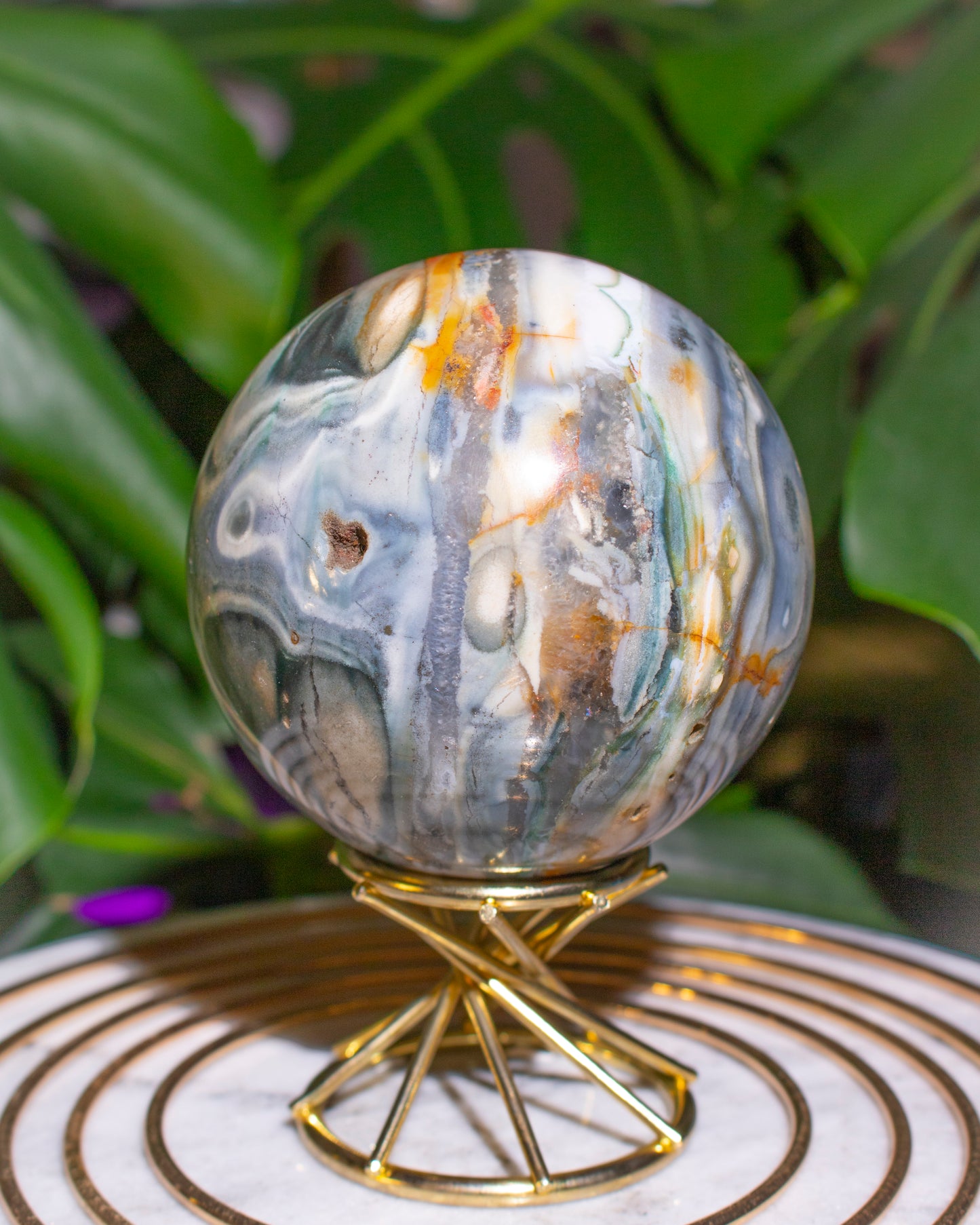 Swirly Blue Steel Planet Ocean Jasper Sphere